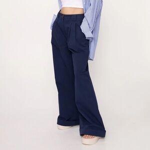 Nasty Gal Premium Heavy Cotton Tailored Wide Leg Pants in Navy, Size US 2